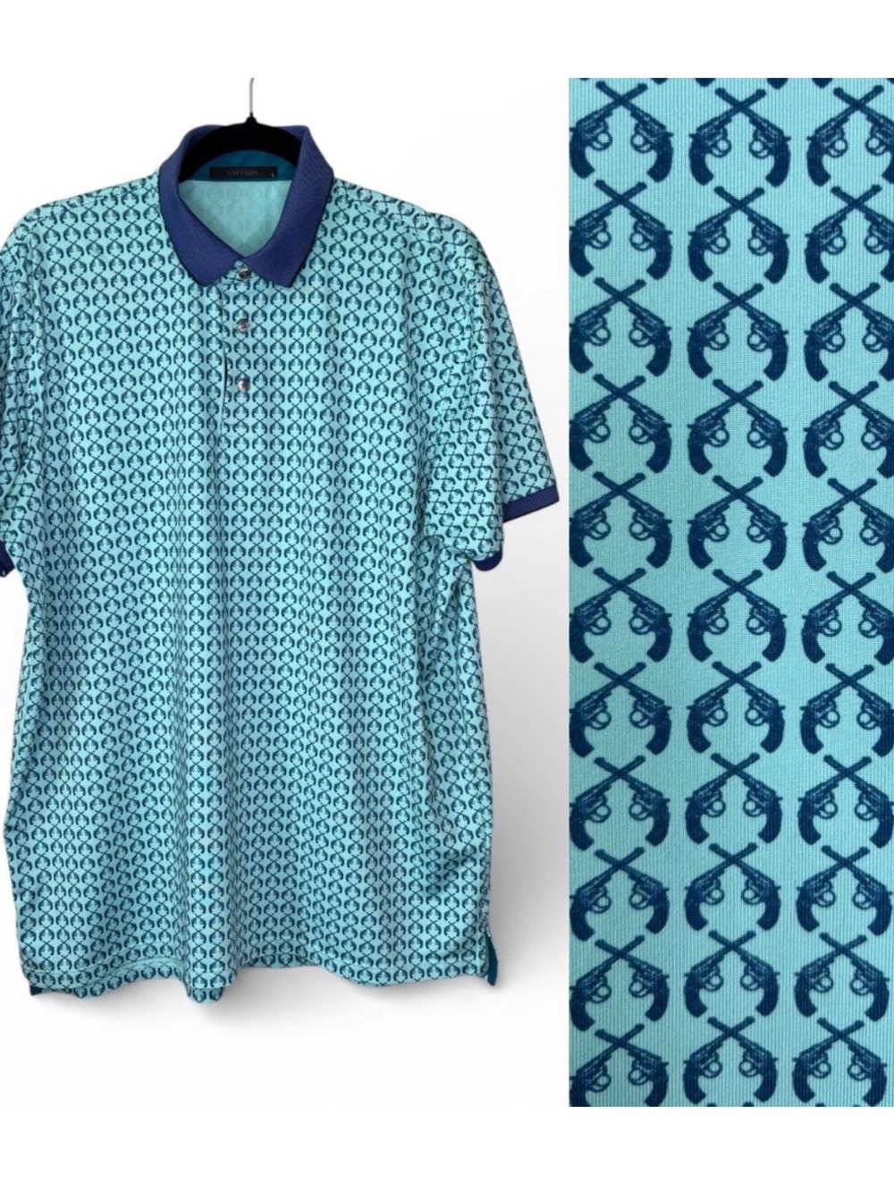 GREYSON Crossed Pistols Performance Polo Shirt Large L Blue Golf Shirt Wolf Logo